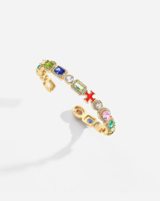 Gold Plated Brass Colorful Zircon Oil Drip Open Cuff Bracelet for Women