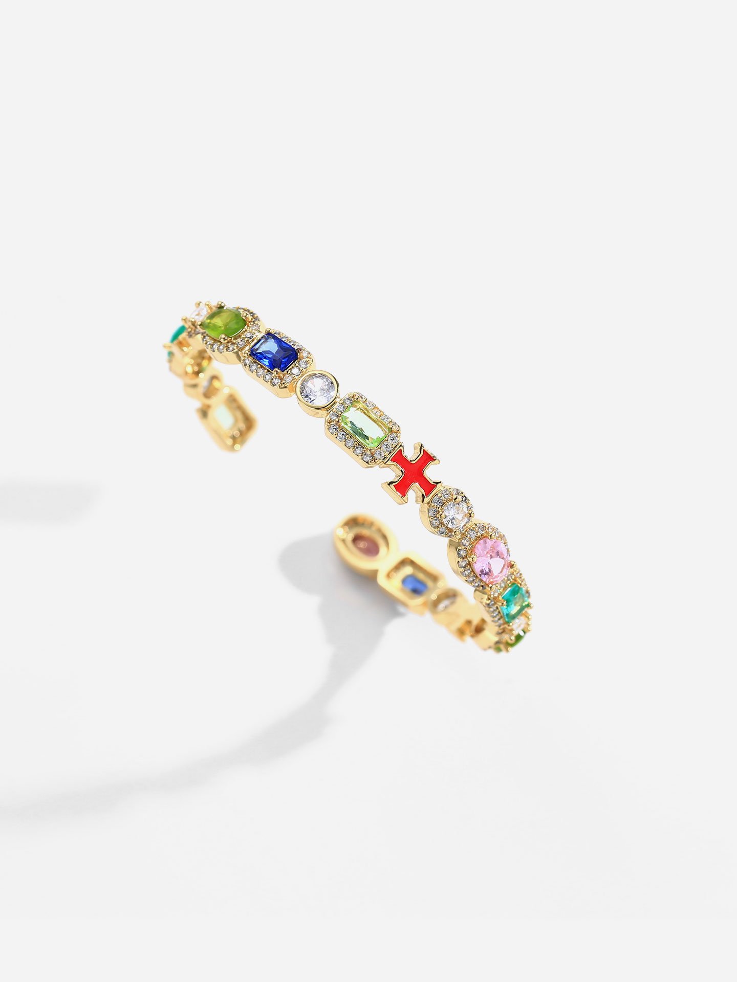 Gold Plated Brass Colorful Zircon Oil Drip Open Cuff Bracelet for Women