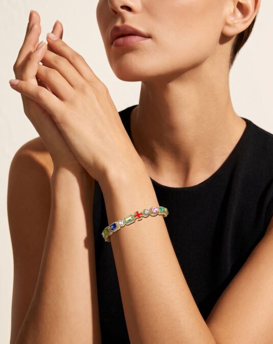Gold Plated Brass Colorful Zircon Oil Drip Open Cuff Bracelet for Women