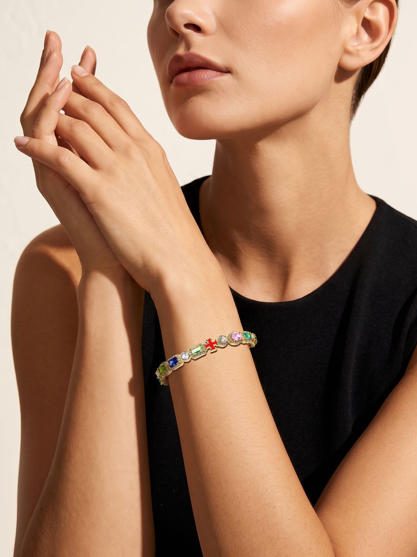 Gold Plated Brass Colorful Zircon Oil Drip Open Cuff Bracelet for Women - Image 1
